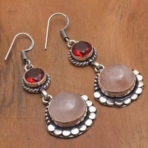 Rose Quartz Garnet Handmade Drop Dangle Earrings Jewelry 2.2"